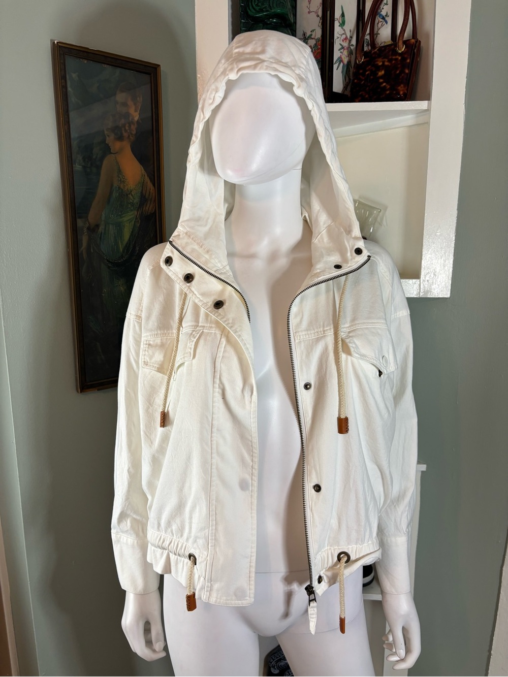 Yerse Anthropologie White Hooded Utility Lightweight Drawstring Jacket Small S - Picture 10 of 13
